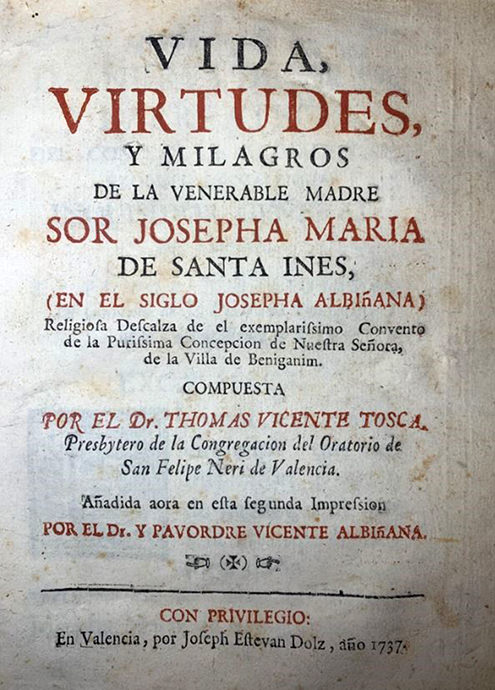 Portada Vida, virtudes y milagros de la venerable madre Sor Josepha María de Santa Inés